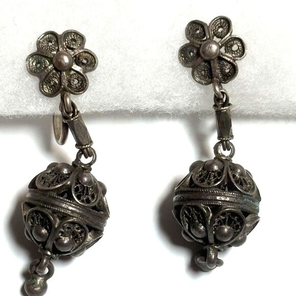 Vintage Silver Screw Back Earring Set of 3 Sterling, 935, Mahogany Obsidian - Picture 2 of 10